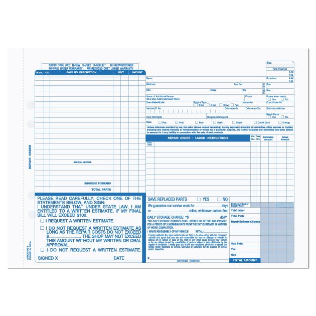 Auto Repair Work Order Forms: 8.5" X 11"