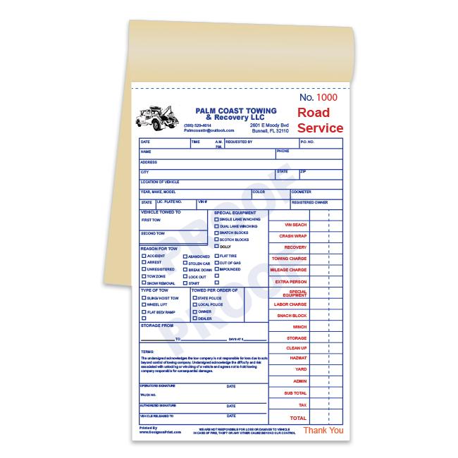 Custom Printed Towing Invoice Book, Carbonless Copies