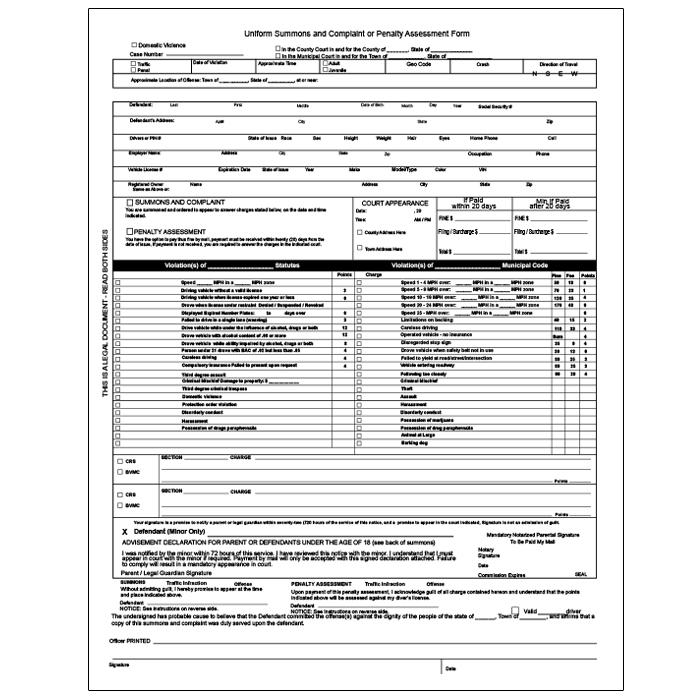 Uniform Summons And Complaint Or Penalty Assessment Form
