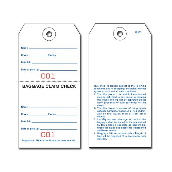 Hotel Luggage Tag, Pre-Printed on Front and Back, 1000/Box, Numbered - Knotted String
