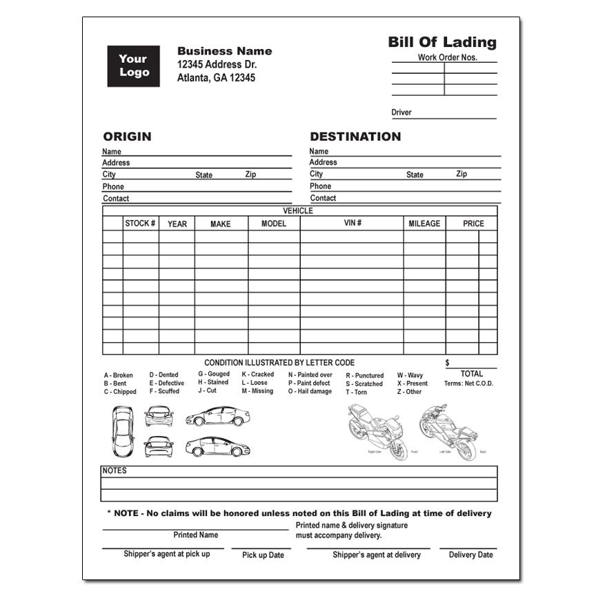 Vehicle Bill of Lading, Personalized, Custom Printed