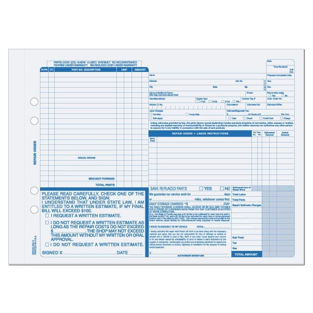 Compact Repair Order Forms for Auto Repair Shops