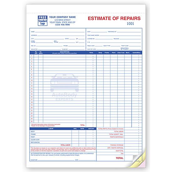 Auto Body Repair Estimate Form
