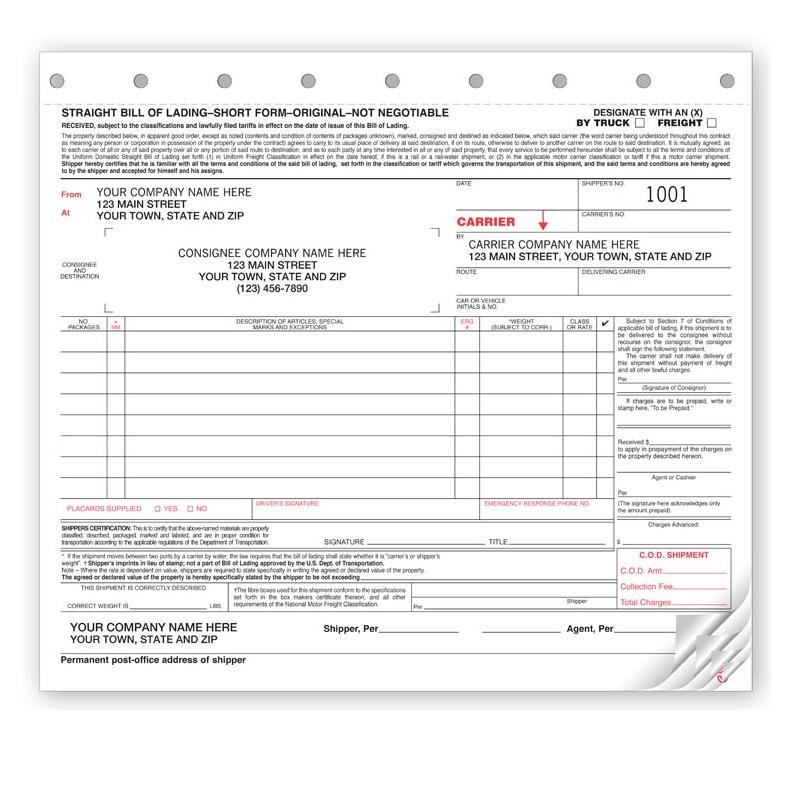 Straight Bill of Lading, Short Form, Original, Not Negotiable, Personalized