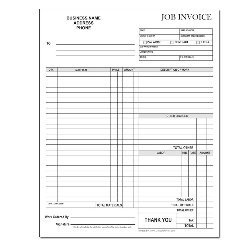 Custom Job Work Order Forms - 2 or 2-Part Copies, Carbonless Forms, Loose, Pads, or 50 Sets Per Book