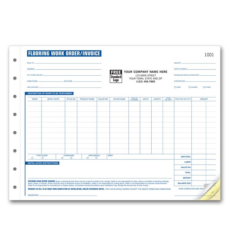 Flooring Work Order Form, Custom Printed, Carbonless Copies, 8 1/2 X 11"
