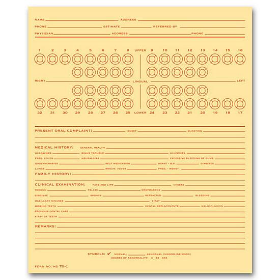 Dental Exam Record, Numbered Teeth System C, Folder Style MD70C