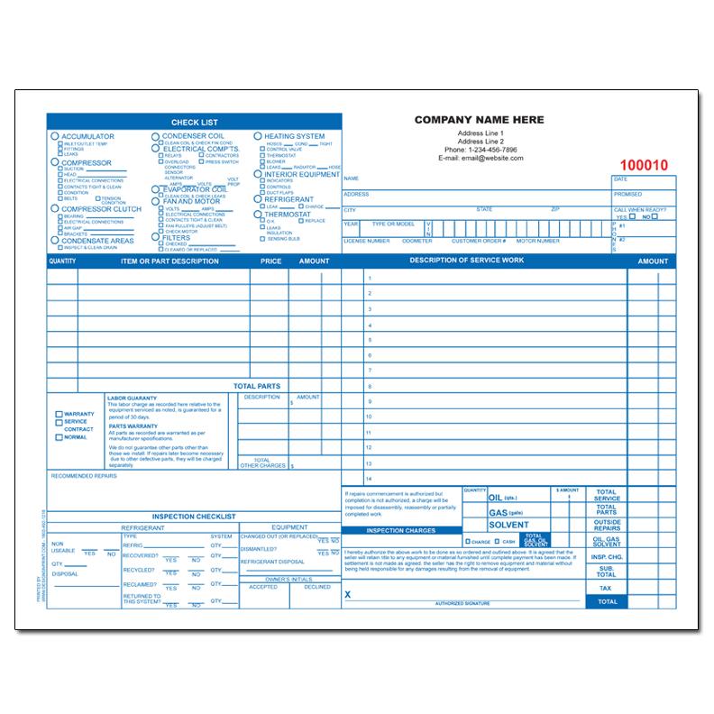 AUTO HEATING & AIR INVOICE FORM