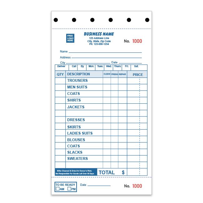 Custom Dry Cleaning Receipt With Manila Cardstock Last Copy