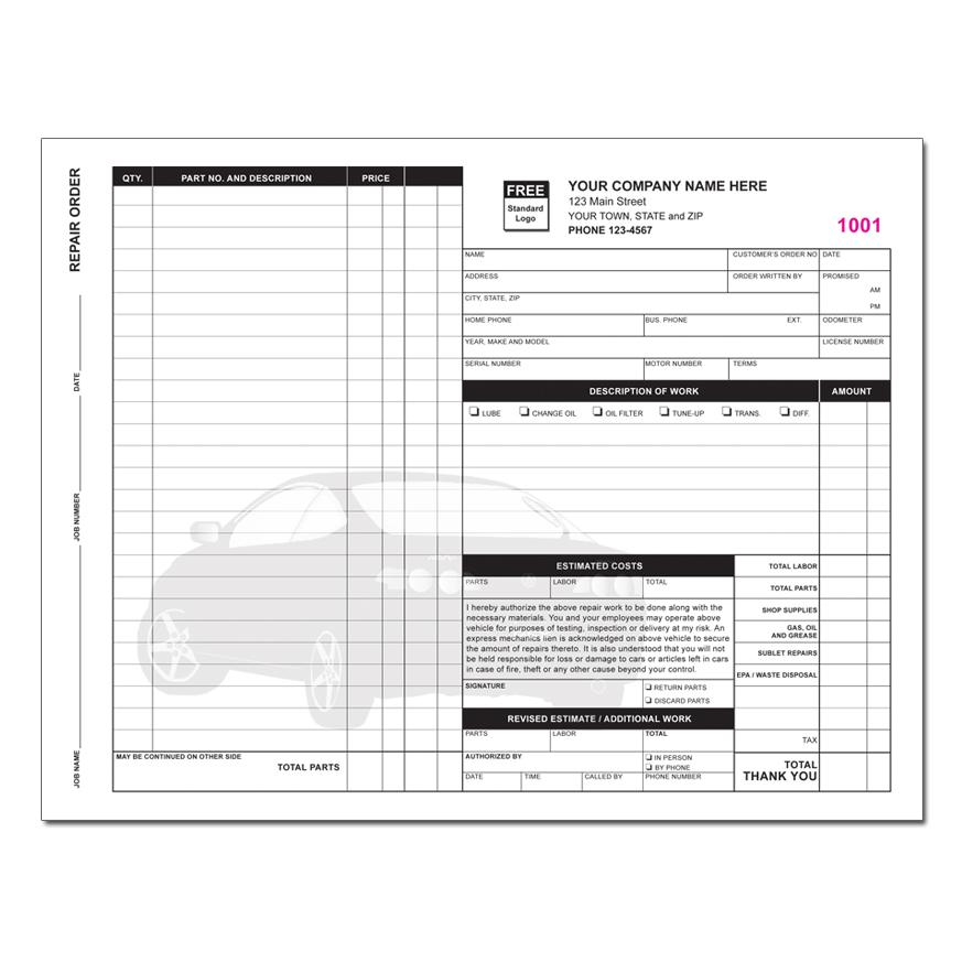 Repair Order Form, Custom Printing, Carbonless Copies, 8 1/2 x 11