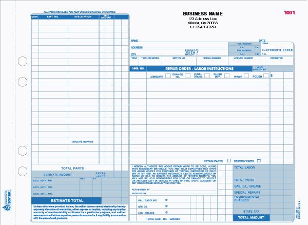 Automotive Repair Form with Manila Card Stock