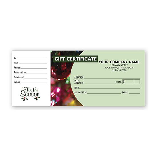 Custom Gift Certificate With Holiday Ornament Design, Side Stub